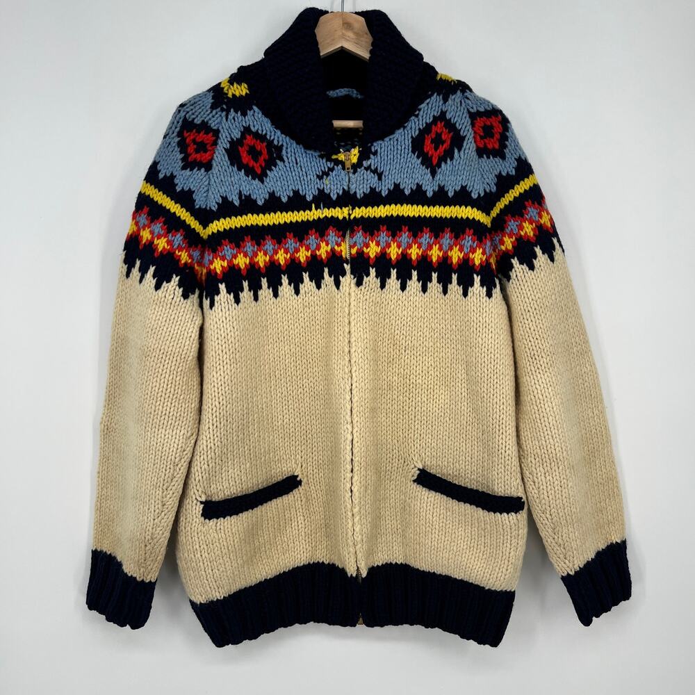 Vtg Mary Maxim Olympic Cardigan Cowichan Sweater 44 Large Wool Fair Isle Unisex